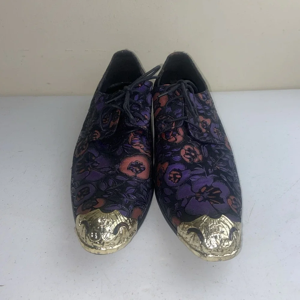 CH KWOK Mens Pointed Toe Floral Gold Cap Shoes Leather Nightclub Party Sz46 12 - Picture 2 of 12